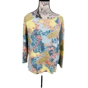 Take Two Cotton Blue and Yellow Floral Long Sleeve Beaded Sequenced Top Size XL